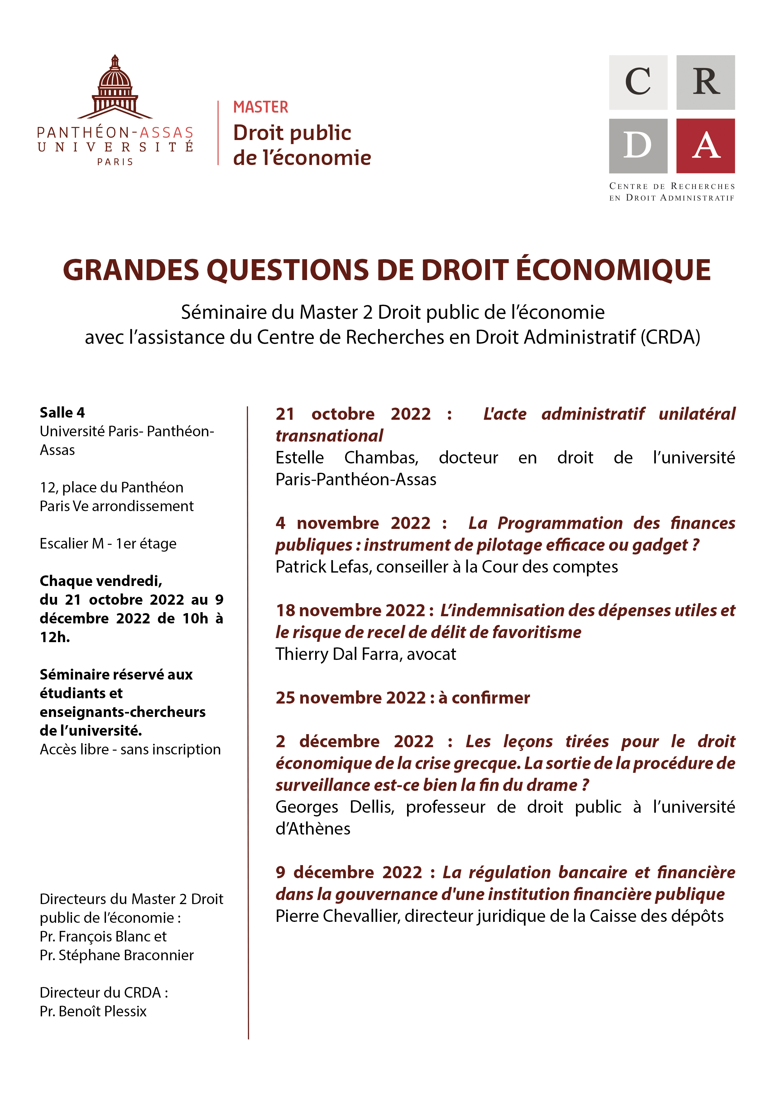  M2 DPE programme séminaire "Grandes questions de droit économique" - S1 2022-2023